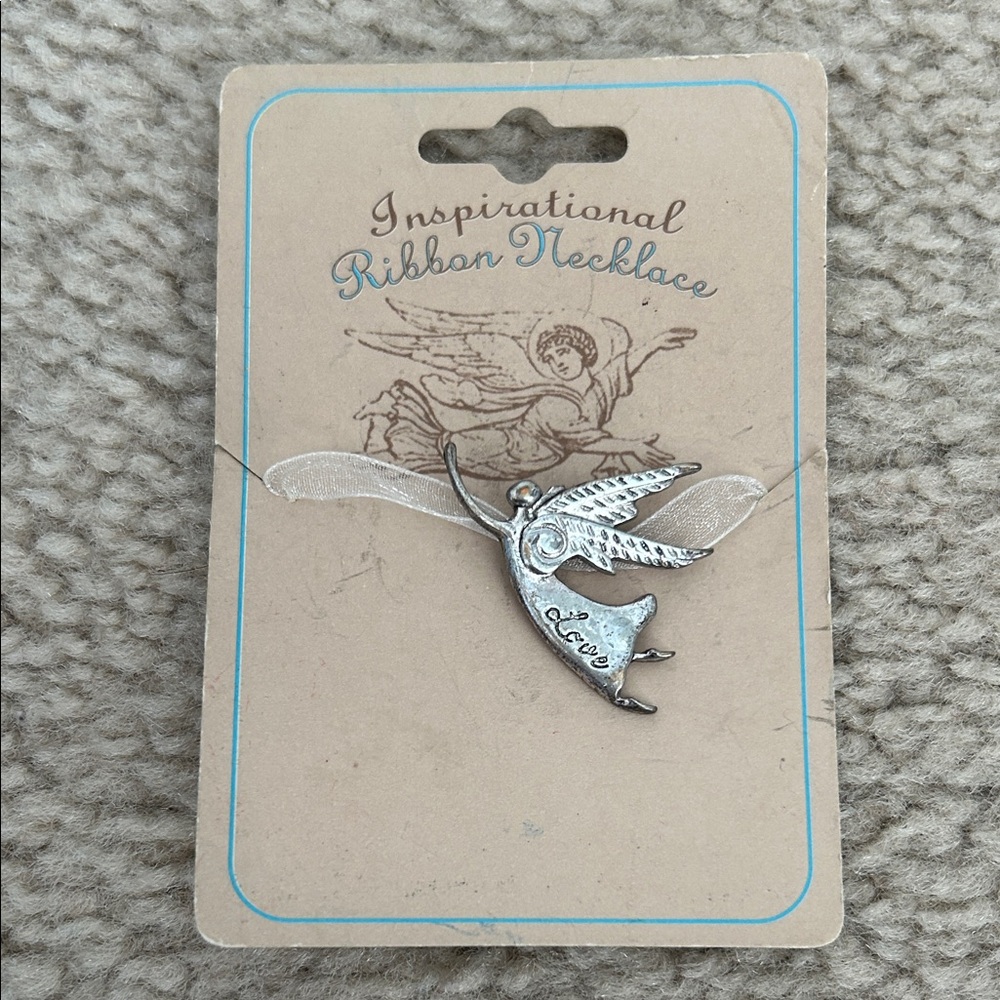 FREE WITH A PURCHASE. Inspirational Ribbon Necklace - Silver Angel Pendant